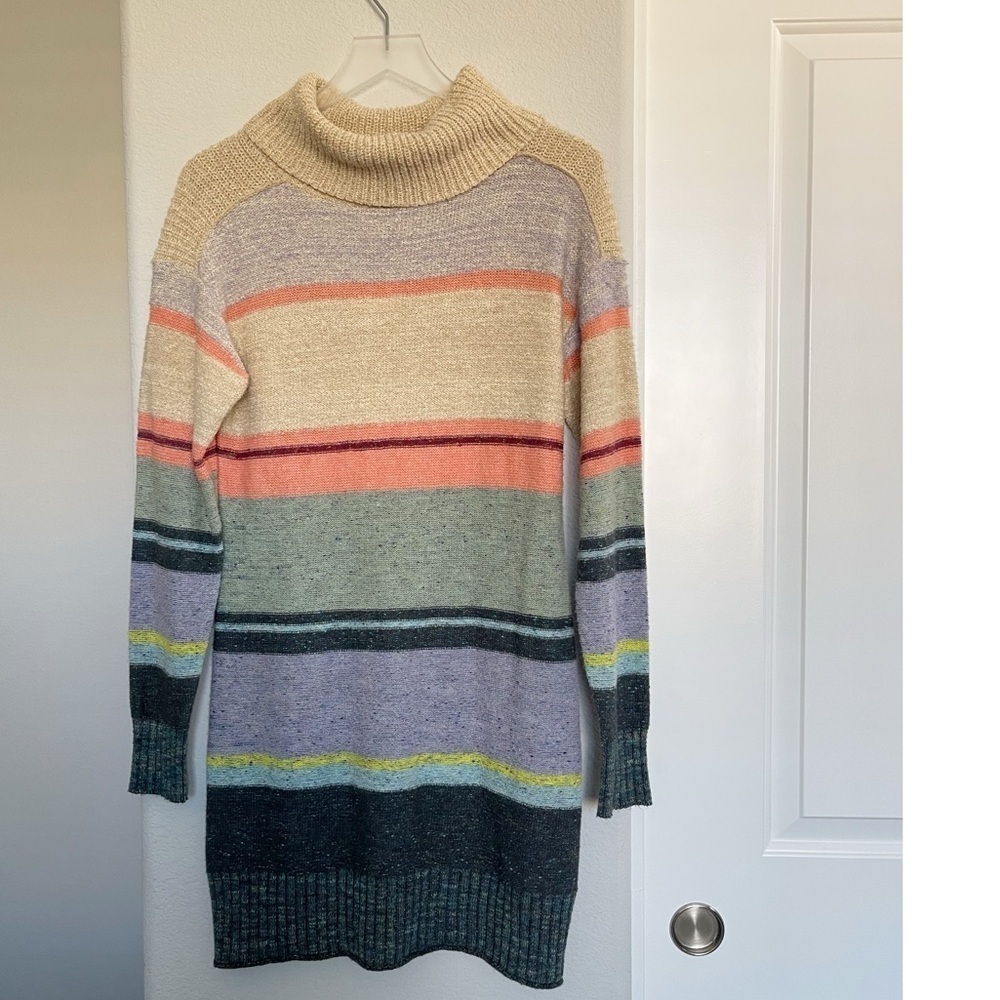 NWOT Anthropologie Turtleneck Sweater Dress Multicolor Stripe Beige Green - Picture 2 of 8